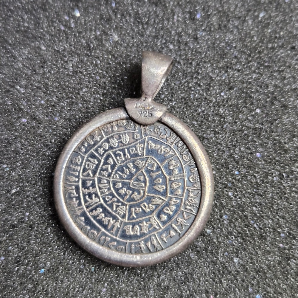 925 Sterling Silver Phaistos Disc Pendant Magical Talisman Cretan Hieroglyph